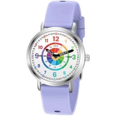 Imagem de Afcrho Relógios infantis, relógio infantil para aprendizagem, hora de aprendizagem e tempo fácil de ler, relógio analógico para meninos e meninas de 3 a 11 anos, 16. Mostrador de dardo, pulseira roxa