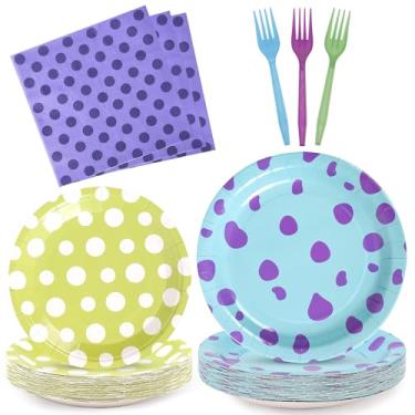 Imagem de Conjunto de utensílios de mesa descartáveis para festa de aniversário de monstros para 24 convidados, inclui pratos azuis e guardanapos roxos, garfos de plástico para chá de bebê, aniversário