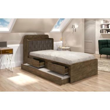 Imagem de Cama Tamires Solteiro 0,88cm com Auxiliar Castanho com Capitonê Nogal Dois Colchões- Cambel
