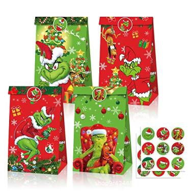 Imagem de HREJHDS Sacos de presente de Natal, 12 pequenos sacos de presente de Natal de inverno com 18 adesivos engraçados de desenhos animados fofos, bolsa de presente de Natal Kraft, design dupla face, saco