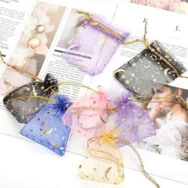 Imagem de 50 peças de saco de presente de malha colorida com design de lua e estrela, embalagem de presente para festas de casamento, dia dos namorados, Natal, Halloween e Ação de Graças.