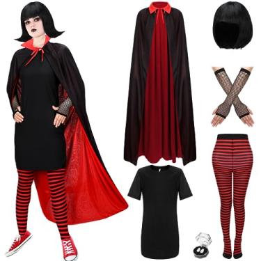 Imagem de Jiuguva 6 peças de fantasia de cosplay de vampiro de Halloween para mulheres, leggings pretas e vermelhas, vestidos pretos com presas de vampiro, luvas e peruca (média)