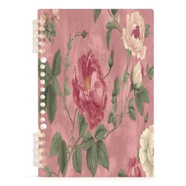 Imagem de Burbuja Caderno vintage de flores rosa, papel pautado universitário A5 com 60 folhas, fichário para escritório, 1 pacote