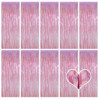 Imagem de Pacote com 10 cortinas de fundo rosa, 1 m x 2,5 m, cortinas metálicas de franja de folha de estanho para fotos para decoração de festa de aniversário, chá de bebê, noivado, casamento, decoração de