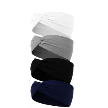 Imagem de Kit 4 Faixas de Cabeça Largas Estilo Turbante com Nó | Elásticas e Macias para Yoga, Corrida e Esportes(Conjunto 5)