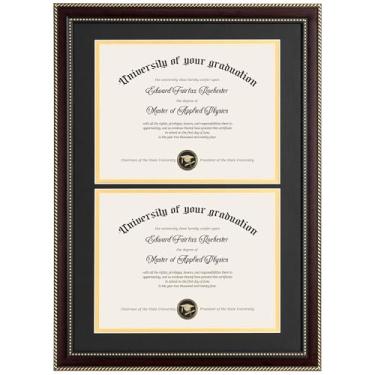 Imagem de FLYJOE Moldura dupla para diploma de 21 x 28 cm para dois documentos de 21 x 28 cm, certificado, grau, fotos 35 x 50 cm, moldura para diploma com tapete preto sobre ouro, vidro temperado HD, mogno com