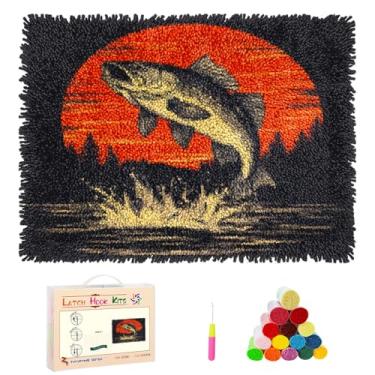 Imagem de Kits de gancho de trinco para tapete faça você mesmo, peixe de robalo pulando sob o pôr do sol, tapete antiderrapante estampado, fio de crochê, tapeçaria para decoração de chão de casa e almofada