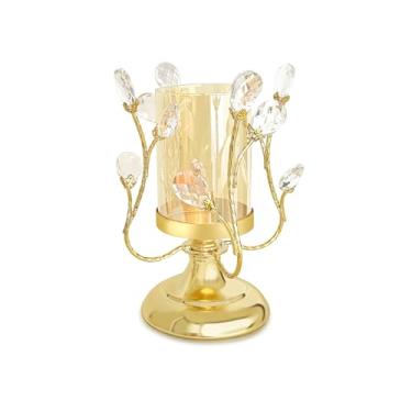 Imagem de YIUTOYILY Suporte de vela Hurricane, coluna dourada com detalhes de cristal e tampa de vidro à prova de vento - Peça central elegante para casamentos, jantares, decoração de festa
