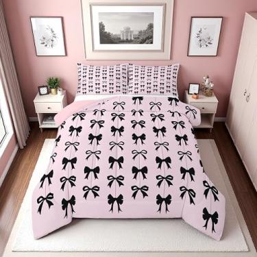 Imagem de Erosebridal Conjunto de cama casal de gravata borboleta rosa e preta | Lindo conjunto de edredom com nó de laço para meninas e crianças, colcha de laço de fita de coquete, decoração de quarto de