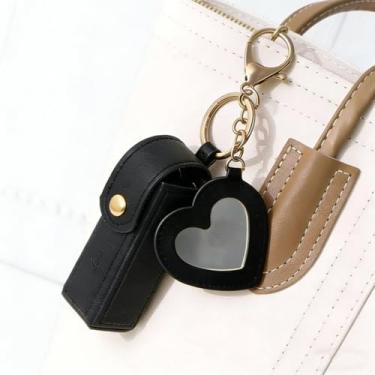 Imagem de Porta-chaves de batom, com espelho em forma de coração, suporte de couro PU, protetor labial, bolsa de manga labial, mini bolsas de couro para brilho labial, estojos de meias, estojo de armazenamento