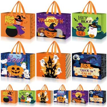 Imagem de Sweetude 12 peças de sacos de Halloween não tecidos a granel 33 cm grandes sacos de doces ou travessuras com alças abóbora fantasma morcego monstro sacola para Halloween doces presentes embrulhar