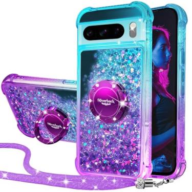 Imagem de Silverback Capa para Pixel 8 Pro, capa protetora com glitter holográfico líquido em movimento com suporte, anel de diamante brilhante para meninas e mulheres capa protetora fina para Google Pixel 8