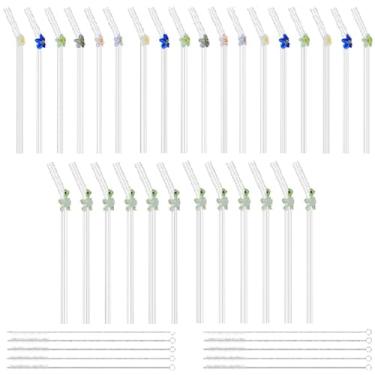 Imagem de 30 canudos reutilizáveis de vidro transparente com 10 peças de escova de limpeza, resistente ao calor, lindos canudos dobrados de flores para smoothies, chás, sucos, milkshakes, coquetéis (30 peças