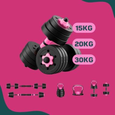 Imagem de Kit Halteres 6 Em 1 15/20/30Kg Musculação Ajustável Kettlebell Barra Anilha (Rosa, Kit 20Kg)