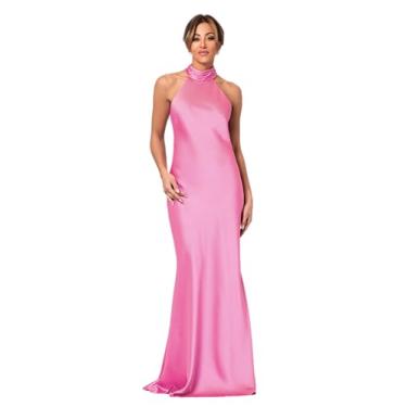 Imagem de Xscape Vestido feminino de cetim com gola redonda e comprimento até o chão, rosa, 48
