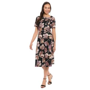 Imagem de London Times Vestido midi feminino elegante floral com gola canoa, manga curta, caimento justo e flare para convidados de casamento e aniversário de casamento, Preto/Neutro, 40