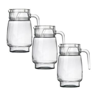 Imagem de Kit 3 Jarras De Vidro Transparente Com Tampa Agua Suco Bico Alça 1,3l 