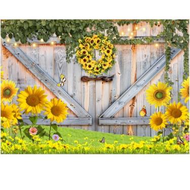 Imagem de Pano de fundo de girassol para fotografia, cenário rústico de porta de madeira de celeiro para sessão de fotos, decorações de girassol amarelo para festa de aniversário, 2,1 x 1,5 m