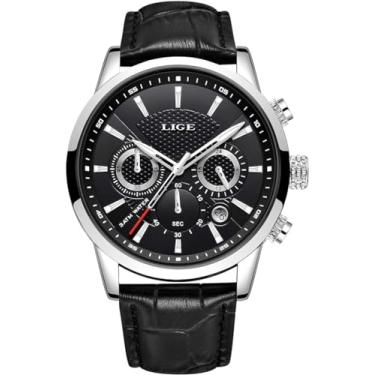 Imagem de LIGE Relógio de pulso masculino de couro com cronógrafo, à prova d'água, analógico, quartzo, aço inoxidável, social, clássico, Branco, Tendência