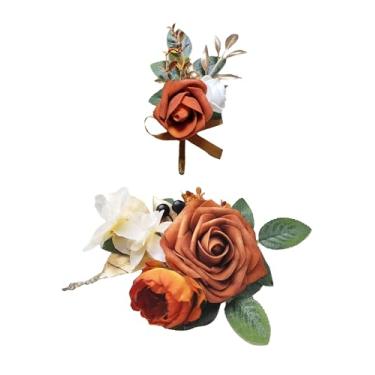 Imagem de Conjunto floral de corpete de casamento, flor de pulso e flor de terracota na lapela para noiva, dama de honra, noivos, padrinhos, mãe, pais, botão de lapela, orifício floral, baile, baile, chá,