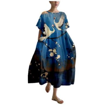 Imagem de Vestido casual feminino MARSVOVO com estampa de guindaste azul plus si