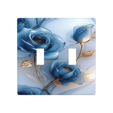 Imagem de Capas decorativas para interruptores de luz azul marinho rosa floral 2 gangues placa de parede com interruptor duplo capa decorativa placa elétrica para decoração de casa