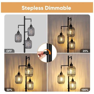 Imagem de Luminária de chão boho regulável ROTTOGOON 3 luzes rattan preta 1,73m com LED 2700K 110V