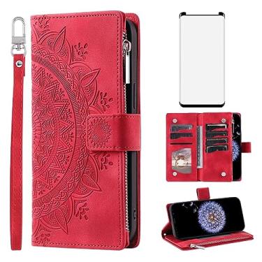 Imagem de Asuwish Capa de celular para Samsung Galaxy S9 Plus com protetor de tela de vidro temperado e alça de pulso Mandala flor flip zíper porta-cartões celular S9+ 9S 9+ S 9 9plus S9plus feminino vermelho