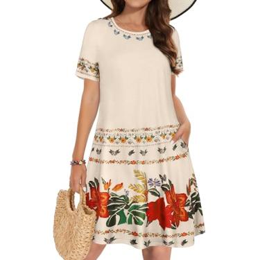 Imagem de Vestidos de verão para mulheres, casual, manga curta, vestido de verão floral, saída de praia com bolsos, Flor de damasco, 3G