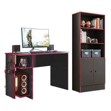 Imagem de Conjunto Gamer Armário 2 Portas E Mesa Para Computador 3875 Preto-vermelho - Qmovi Preto-vermelho
