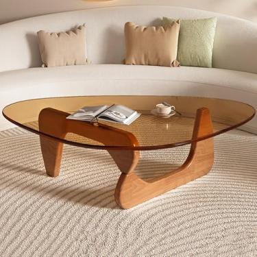 Imagem de Mesa de centro moderna de meados do século, mesa de centro de vidro triangular com tampo de vidro temperado e base de madeira natural ajustável, mesas de canto para sala de estar, mesa pequena para