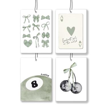 Imagem de JWVK Aromatizador de ar de carro verde sálvia com arco de coquete de lavanda para carro, moderno Lucky 8 Ball Cherry Ace Purificador de ar suspenso 4 peças para livros de gaveta de armário de carros