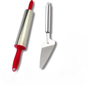 Imagem de Kit Carretilha Cortador de Pizza Cortador de Pastel Espátula de Bolo e Rolo de Massa Aço Inox(2 UND (ROL MASSA + ESP BOLO))