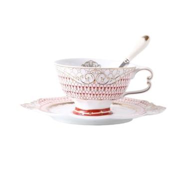 Imagem de Caneca de café de cerâmica 200ml casa luz luxo cerâmica caneca de café estilo inglês flor chá pires conjunto com colher(Red)