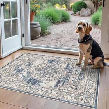 Imagem de Tapetes de área laváveis 2x3 Entrada: Tapete macio ultra fino de pelo baixo lavável à máquina, tapete de entrada leve, tapetes antiderrapantes para sala de estar, quarto, cozinha, 6 x 7 cm, azul