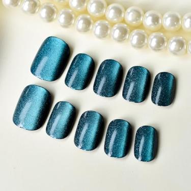 Imagem de Petie Unhas de pressão de tamanho curto azul lago brilhante olho de gato pontas dos dedos postiças pequenas unhas pintadas à mão unhas unhas unhas conjunto completo 24 peças