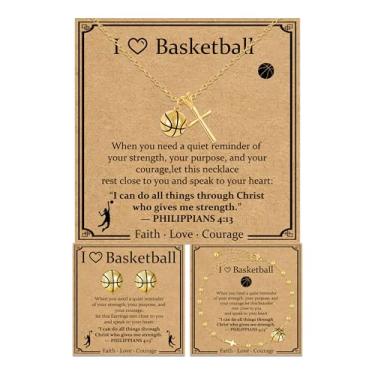 Imagem de FUSAHURIY Conjunto de brincos e colar com cruz de softbol/futebol/voleibol/basquete/futebol para mulheres, banhado a ouro 18 k, joias esportivas inspiradoras cristãs para presentes de fim de temporada