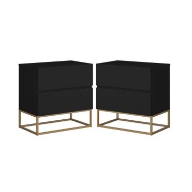 Imagem de Kit 2 Mesa de Cabeceira Estilo Industrial 2 Gavetas Eros 45 Base Dourado Cor:Preto