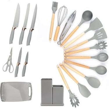 Imagem de Utensilios para Cozinha Silicone Kit com 19 Peças Cabo Madeira Conjunto Completo Espátula Concha Colher Jogo Suporte Faca Antiaderente Tabua Tesoura Faqueiro (cinza)