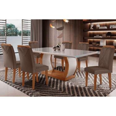 Imagem de Sala De Jantar Completa Jade Tampo Madeirado C- Vidro Curvo 180x90 E 6 Cadeiras Amsterdã Capuccino-suede Capuccino - Rufato