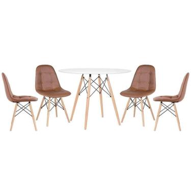Imagem de Mesa Redonda Eames 100 Cm Branco + 4 Cadeiras Estofadas Eiffel Botonê Marrom Marrom
