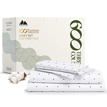 Imagem de Mayfair Linen Jogo de cama casal 100% algodão egípcio estampado – Conjunto de lençóis de casal com 4 peças, 600 fios (bolinhas - azul marinho), ultramacio, refrescante, bolso profundo de 40,6 cm,