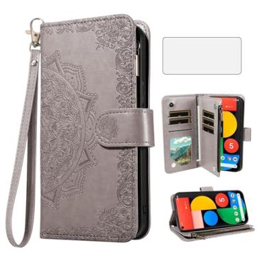Imagem de Asuwish Capa de celular para celular Google Pixel 5 com protetor de tela de vidro temperado e porta-cartão de crédito flip flor suporte Pixel5 5G Pixle Five G5 mulheres homens cinza