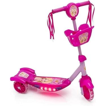 Imagem de Patinete Infantil Menina, 3 Rodas com LED, Cestinha e Som, Altura Ajustável, Base em Aço, Suporta até 40kg, Rosa