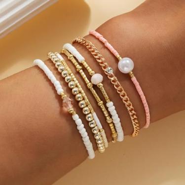 Imagem de Conjunto de pulseiras de contas douradas para mulheres, não mancha, grosso, elástico, clipe de papel e pilha cruzada