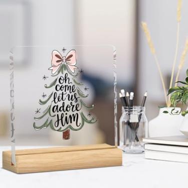 Imagem de Presentes de decoração de Natal para mulheres e homens laço rosa claro árvore de Natal placa de decoração acrílica para escritório em casa prateleira de mesa 10 x 10 centímetros