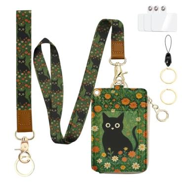 Imagem de bolimoss Carteira de cordão de gato preto com porta-crachá de identidade, margarida fofa, pequenos porta-cartões de crédito com alça de pulso e cordão de pescoço, crachá de identificação de couro RFID