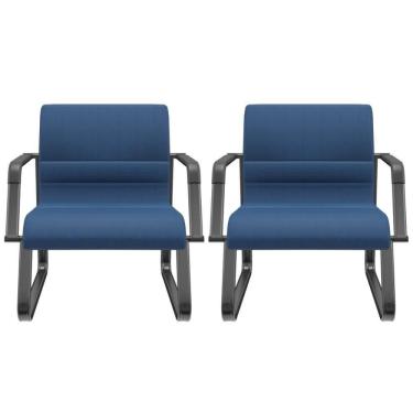 Imagem de Kit 02 Cadeiras De Escritório Recepção Fixa Pés Preto Lev P03 Crepe Azul - Lyam Decor