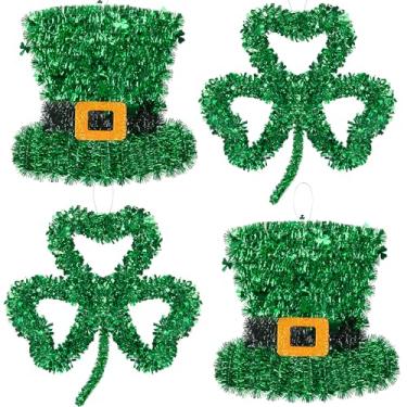 Imagem de Iceyyyy 4 peças de guirlanda de tinsel do dia de São Patrício, decoração de trevo de tinsel e chapéu de 28 cm, conjunto de guirlanda de enfeites verdes para decoração de parede de casa de festa