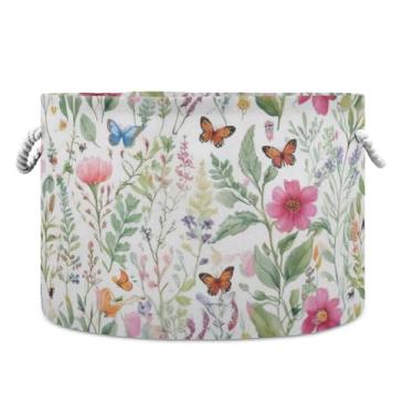 Imagem de JUZIHAI Cesta de armazenamento dobrável com estampa de flores, cesto de roupa suja para bebê, cobertor com alças de corda de algodão, caixa organizadora de armário dobrável para quarto, berçário, casa